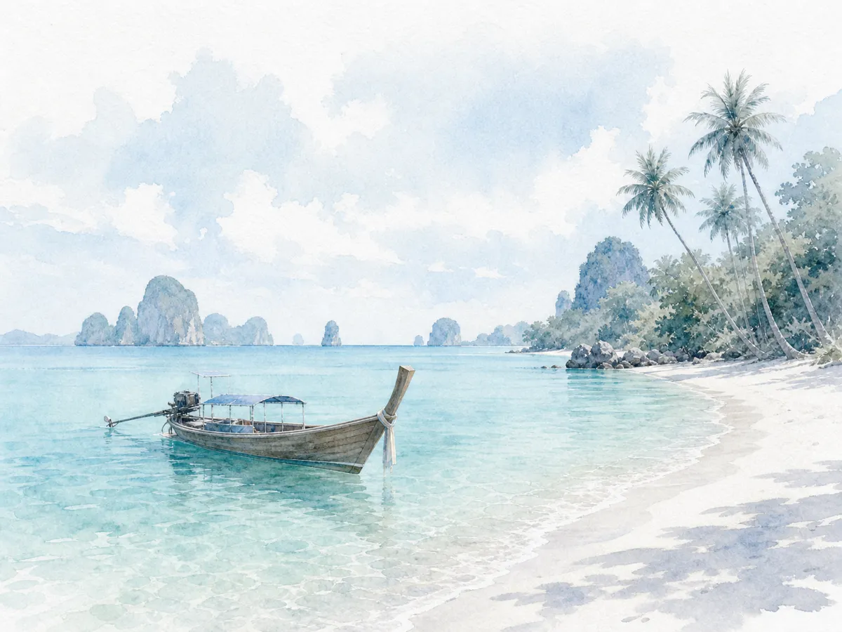 タイの海岸線とロングテールボートを描いた淡い水彩イラスト