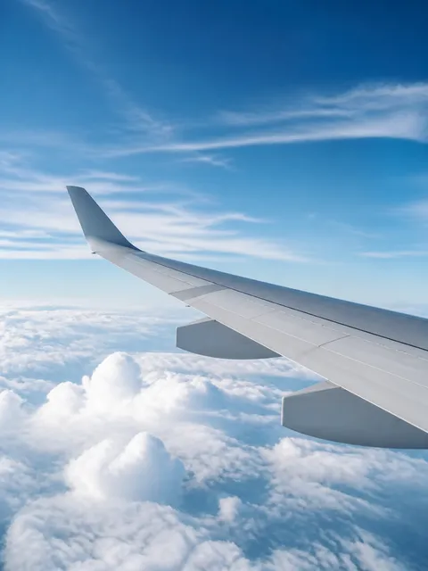 青空に伸びる飛行機の翼と白い雲