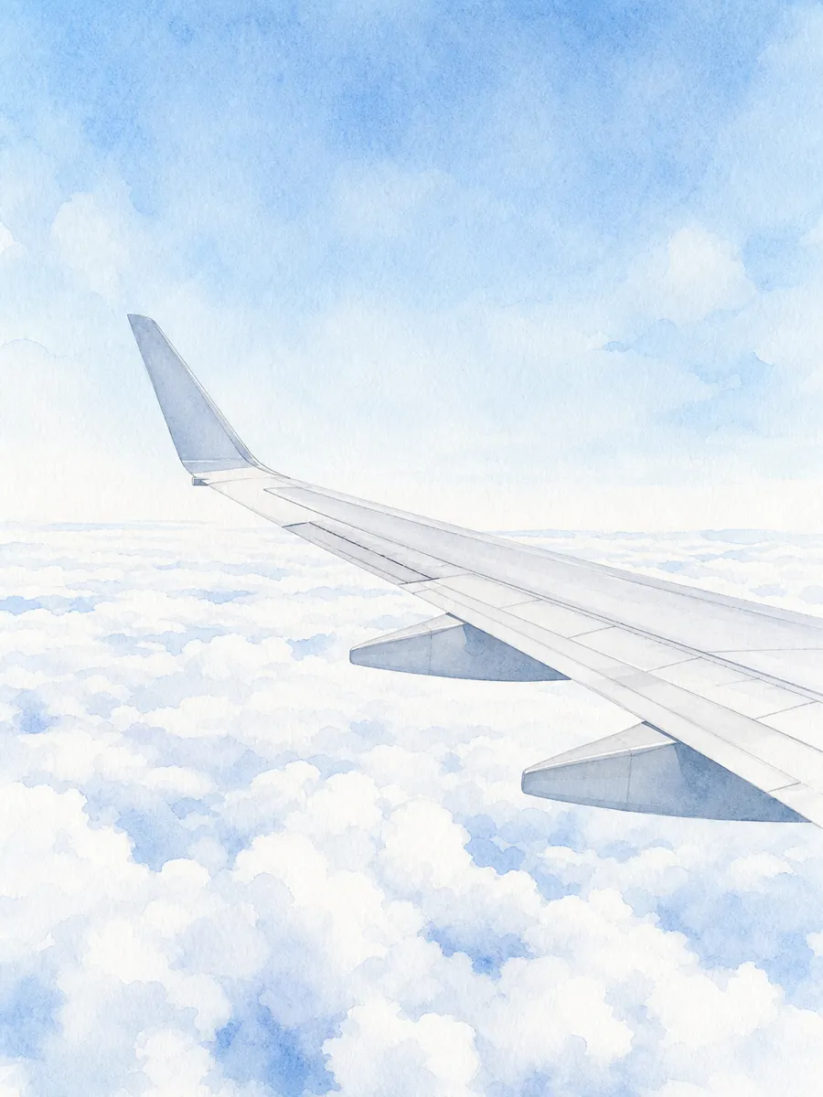 雲の上を飛ぶ飛行機の翼を描いた淡い水彩イラスト